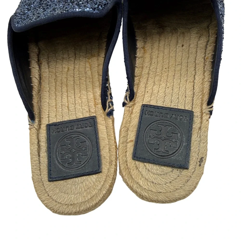 Tory Burch Max Glitter Espadrille Slide‎ Navy Blue Womens Size 6.5 Mules